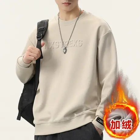 2024年新款冬季痞帅纯色圆领卫衣秋冬款男生加绒加厚重磅长袖上衣商品大图