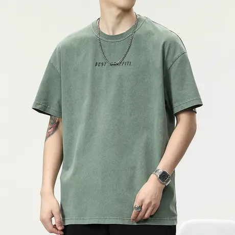 男士绿色短袖t恤男夏季纯棉男生透气上衣2025年新款重磅体恤男款商品大图