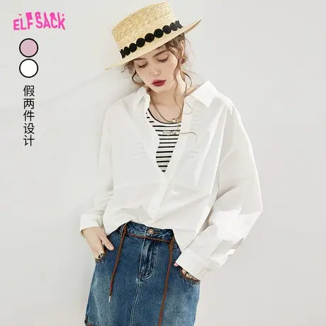 妖精的口袋拼接吊带假两件白色衬衫女2023秋季新款设计感小众上衣图片