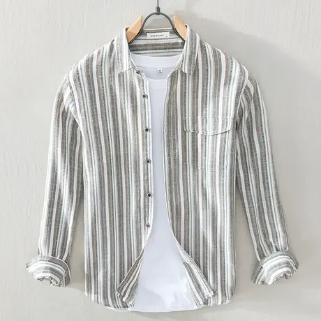 棉麻长袖衬衫男2023春秋季新款休闲翻领条纹衬衣宽松外套寸衫潮流商品大图