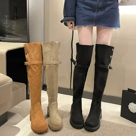 西部牛仔复古高跟靴子女2023秋季新款爆款显瘦粗跟过膝高级长筒靴商品大图