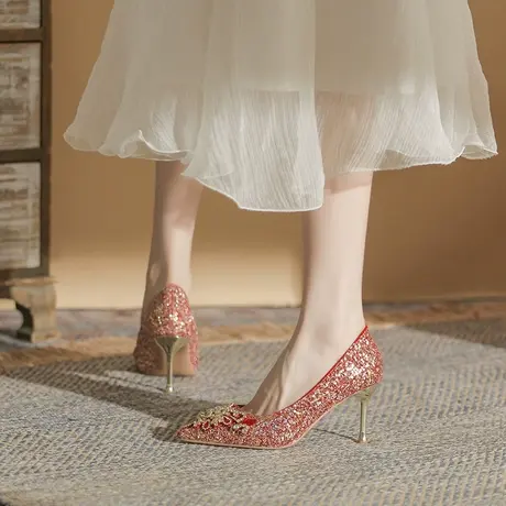 婚鞋新娘鞋红色细跟高跟鞋不累脚2024新款禾秀婚纱两穿结婚鞋小众商品大图