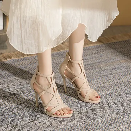 2024夏季新款镂空露趾罗马高跟鞋性感女神范浅口百搭细跟绑带凉鞋图片