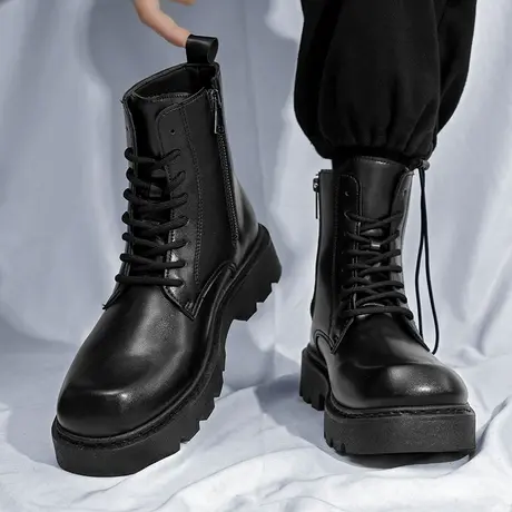 高帮马丁靴男士秋季内增高黑色侧拉链中帮皮靴英伦风骑士工装短靴商品大图