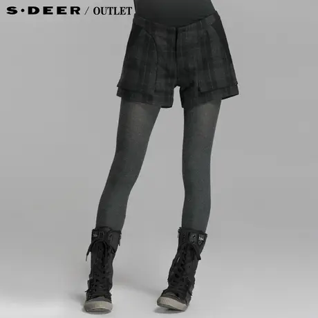 【独家首发】sdeer圣迪奥女冬装格纹毛呢时尚羊毛短裤4880902商品大图