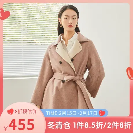 伊芙丽毛呢外套女秋冬新品系带收腰长袖时尚休闲羊毛外套双面呢商品大图