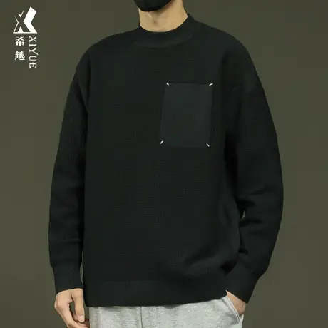 希越男士高级感毛衣拼接假口袋12针冬季宽松大码美式潮流百搭线衣商品大图