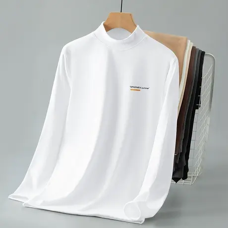 半高领长袖t恤男秋冬保暖内搭双面德绒打底衫白色上衣服中领体恤商品大图