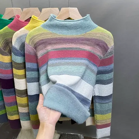 一体绒半高领毛衣女加绒加厚打底衫2023秋冬新款针织衫内搭上衣潮商品大图