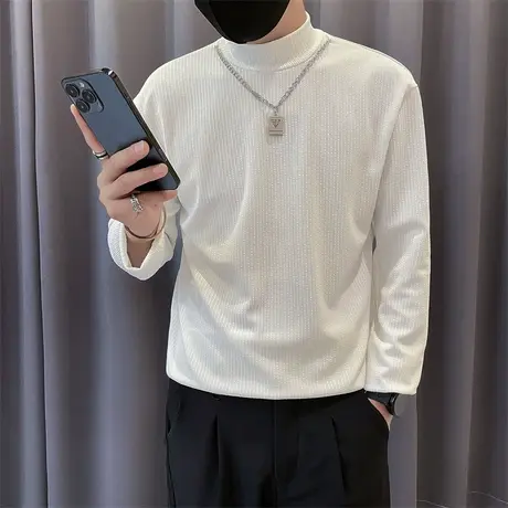 潮流韩版修身纯色打底衫春秋季链条半高领长袖T恤内搭高级感上衣商品大图