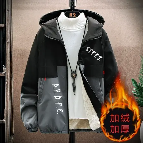 加绒加厚男士外套潮韩版秋冬季工装学生夹克上衣休闲宽松男装褂子图片