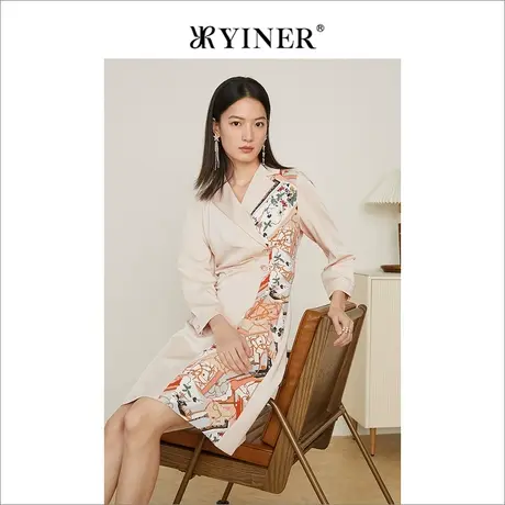 *YINER音儿女装2022春季新款素雅不规则花卉西装连衣裙图片