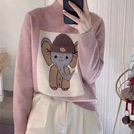 卡通半高领毛衣女2023秋冬季新款长袖针织衫套头毛衣上衣女商品大图