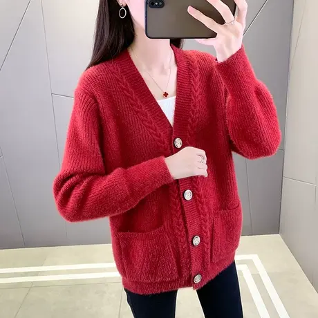 水貂绒小个子外套女V领针织开衫宽松百搭春秋毛衣外套女上衣外穿商品大图