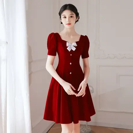 红色小礼服裙订婚敬酒服新娘小个子蝴蝶结女夏季回门便装平时可穿图片