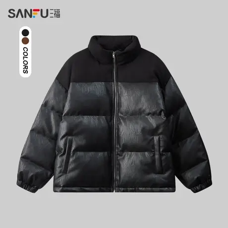 三福2023冬季男士麂皮拼皮短棉衣 时尚立领宽松保暖外套480909商品大图