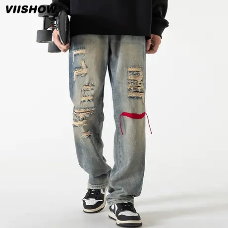 VIISHOW牛仔裤男春秋新款直筒垂感潮牌痞帅休闲美式复古宽松裤子商品大图