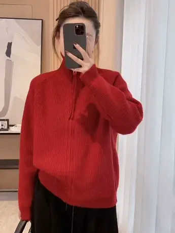 欧货高领飘带拉链宽松纯色休闲针织开衫春季新款显瘦慵懒风外套潮商品大图