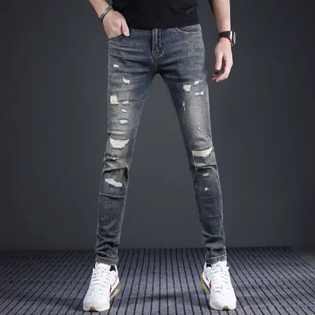 高端复古破洞牛仔裤男款修身小脚2024新款春夏季弹力男士裤子潮牌图片