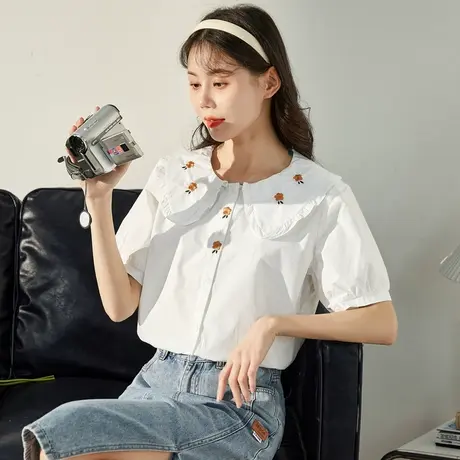 唐狮短袖衬衫夏季女刺绣娃娃领衬衣小清新甜美气质polo领上衣图片
