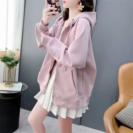 设计感刺绣连帽卫衣开衫女春季2024年新款宽松小个子百搭外套上衣图片