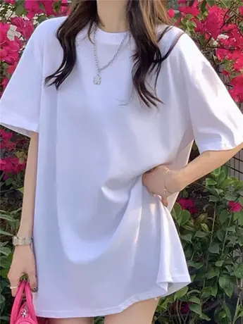 中长款纯棉简约白色短袖T恤2024夏季宽松显瘦遮pp内搭圆领打底衫商品大图