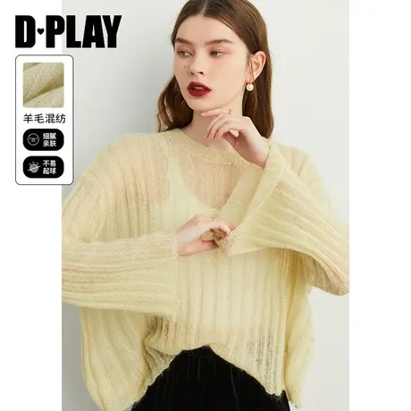 DPLAY【黑标】冬新温柔软糯珠片短款落肩奶黄杏色圆领毛衣商品大图