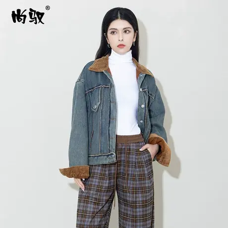 美拉德泰迪绒牛仔外套女秋冬新款韩版宽松显瘦设计感拼接上衣保暖图片