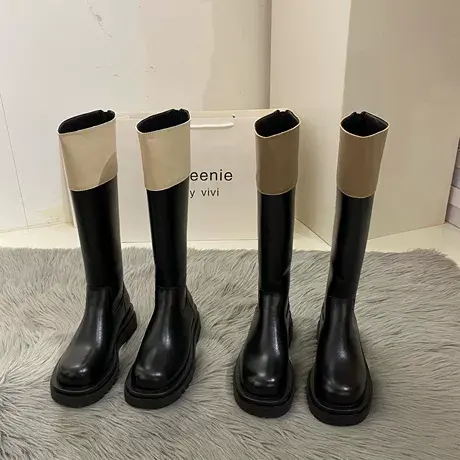 小众拼色中长筒骑士女靴子2023年新款夏季拼接小香风高筒春秋长靴图片