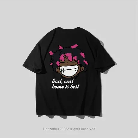 Ohlyah重磅纯棉短袖t恤男美式复古粉头发黑人物印花宽松休闲半袖图片