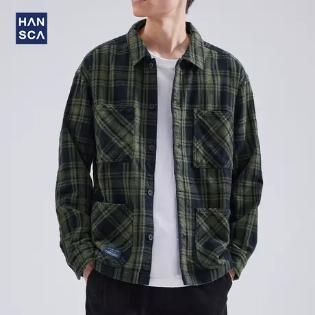 hansca格子衬衫男士2022秋季新款宽松潮流复古工装大口袋长袖上衣商品大图