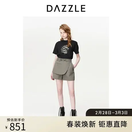 DAZZLE地素奥莱马鞍装饰短裤春夏装新款复古运动风休闲裤女精纺料商品大图
