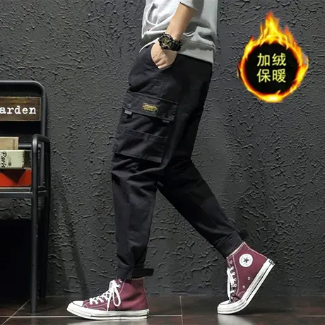 秋冬季加绒束脚工装裤男士潮牌大码宽松直筒坠感阔腿裤胖子长裤子商品大图