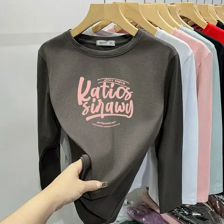 2024早春t恤女长袖洋气减龄圆领纯棉打底衫秋冬季磨毛加厚正肩商品大图