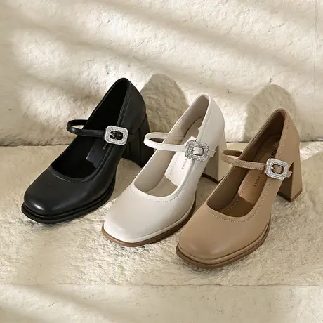 黑色高跟鞋女2024新款春季女鞋法式玛丽珍鞋子气质单鞋粗跟小皮鞋图片