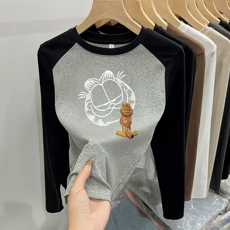 女装2024新款春款韩系穿搭撞色圆领修身显瘦t恤设计感打底衫内搭图片