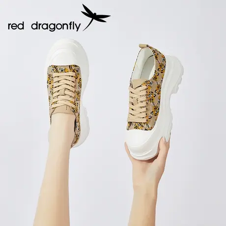 红蜻蜓厚底帆布鞋女秋冬2023年新款增高网面透气百搭薄款平底女鞋商品大图