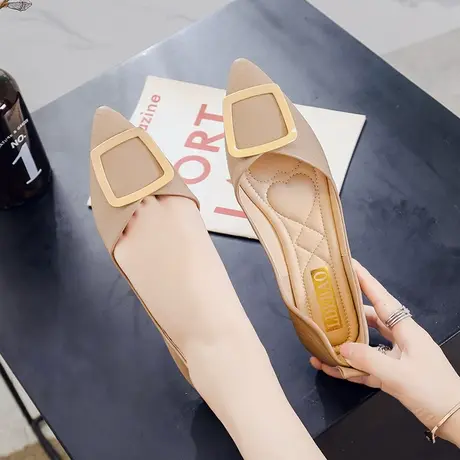 网红豆豆鞋女2021新款春季韩版尖头方扣休闲平底鞋百搭仙女风单鞋商品大图