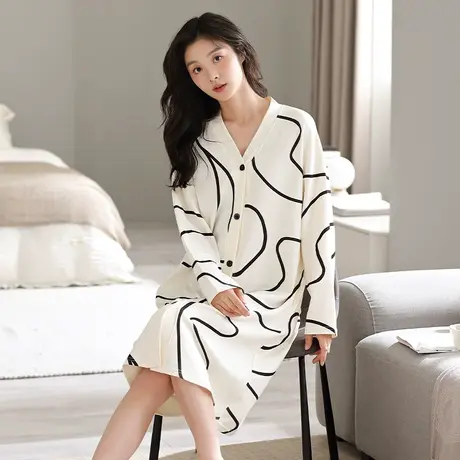 婷美春秋季新款纯棉睡裙女长袖开衫睡衣中长款连衣裙秋冬款家居服商品大图
