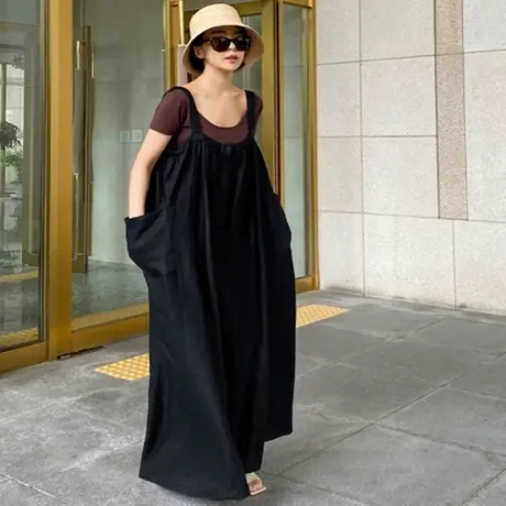 新款吊带棉麻阔腿休闲裤女韩版宽松大码时尚宽腿背带大口袋裤子潮商品大图