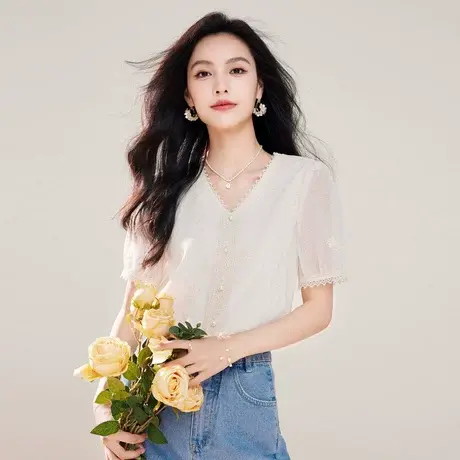 时尚气质短袖衬衫2023年夏季新款淑女温柔甜美V领修身显瘦上衣商品大图