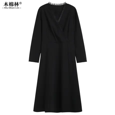 【赠送腰带】微胖mm大码女装显瘦V领黑色连衣裙秋装长袖遮肚裙子商品大图