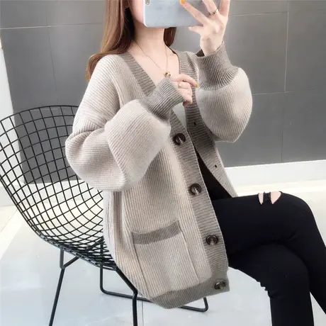 宽松洋气拼色针织开衫女中长款外搭春季新款潮慵懒风毛衣外套图片