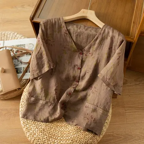 享永子短袖苎麻衬衫女文艺复古宽松显瘦棉麻上衣显瘦2023春夏新款商品大图