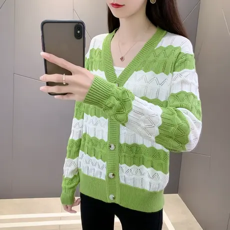 2023新款V领秋冬女士开衫毛衣外套上衣宽松长袖针织百搭镂空商品大图