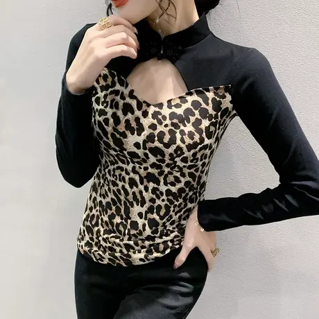 欧货性感镂空T恤女长袖春秋新款时尚豹纹小衫设计感盘扣立领上衣图片