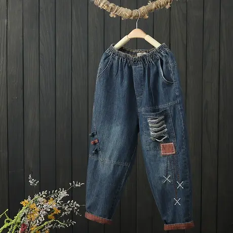 复古盘扣刺绣哈伦牛仔裤女2022秋季新款松紧腰宽松显瘦休闲九分裤图片