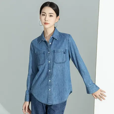 蓝色复古牛仔衬衣女设计感小众工装衬衫2023新款春款女装长袖上衣图片
