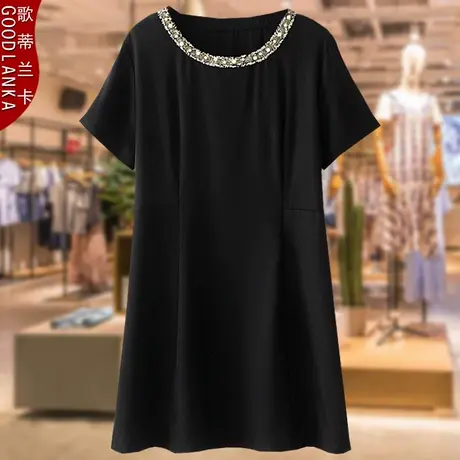 中年胖妈妈夏装短袖连衣裙200斤大码女装洋气时尚小香风黑色裙子商品大图