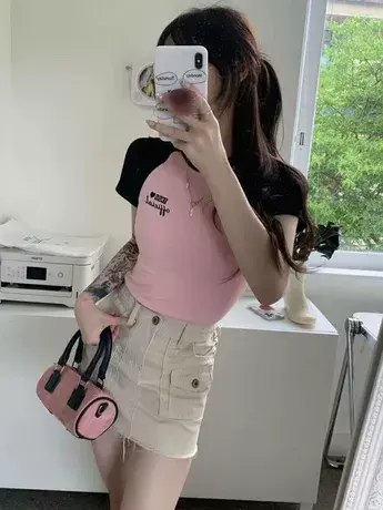 欧货短袖插肩T恤女夏季2023年新款宽松显瘦拼接撞色短款半袖上衣商品大图